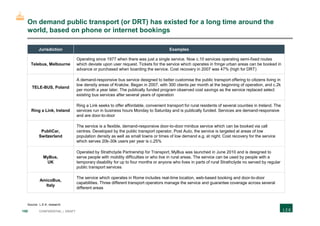 150 CONFIDENTIAL | DRAFT
On demand public transport (or DRT) has existed for a long time around the
world, based on phone or internet bookings
Source: L.E.K. research
Jurisdiction Examples
Telebus, Melbourne
Operating since 1977 when there was just a single service. Now c.10 services operating semi-fixed routes
which deviate upon user request. Tickets for the service which operates in fringe urban areas can be booked in
advance or purchased when boarding the service. Cost recovery in 2007 was 47% (high for DRT)
TELE-BUS, Poland
A demand-responsive bus service designed to better customise the public transport offering to citizens living in
low density areas of Kraków. Began in 2007, with 300 clients per month at the beginning of operation, and c.2k
per month a year later. The publically funded program observed cost savings as the service replaced select
existing bus services after several years of operation
Ring a Link, Ireland
Ring a Link seeks to offer affordable, convenient transport for rural residents of several counties in Ireland. The
services run in business hours Monday to Saturday and is publically funded. Services are demand-responsive
and are door-to-door
PubliCar,
Switzerland
The service is a flexible, demand-responsive door-to-door minibus service which can be booked via call
centres. Developed by the public transport operator, Post Auto, the service is targeted at areas of low
population density as well as small towns or times of low demand e.g. at night. Cost recovery for the service
which serves 20k-30k users per year is c.25%
MyBus,
UK
Operated by Strathclyde Partnership for Transport, MyBus was launched in June 2010 and is designed to
serve people with mobility difficulties or who live in rural areas. The service can be used by people with a
temporary disability for up to four months or anyone who lives in parts of rural Strathclyde no served by regular
public transport services
AmicoBus,
Italy
The service which operates in Rome includes real-time location, web-based booking and door-to-door
capabilities. Three different transport operators manage the service and guarantee coverage across several
different areas
 