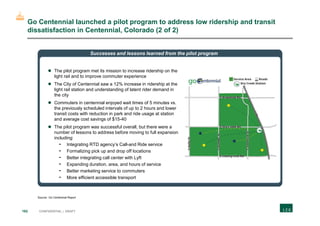 162 CONFIDENTIAL | DRAFT
Go Centennial launched a pilot program to address low ridership and transit
dissatisfaction in Centennial, Colorado (2 of 2)
Successes and lessons learned from the pilot program
Source: Go Centennial Report
 The pilot program met its mission to increase ridership on the
light rail and to improve commuter experience
 The City of Centennial saw a 12% increase in ridership at the
light rail station and understanding of latent rider demand in
the city
 Commuters in centennial enjoyed wait times of 5 minutes vs.
the previously scheduled intervals of up to 2 hours and lower
transit costs with reduction in park and ride usage at station
and average cost savings of $15-40
 The pilot program was successful overall, but there were a
number of lessons to address before moving to full expansion
including:
- Integrating RTD agency’s Call-and Ride service
- Formalizing pick up and drop off locations
- Better integrating call center with Lyft
- Expanding duration, area, and hours of service
- Better marketing service to commuters
- More efficient accessible transport
 
