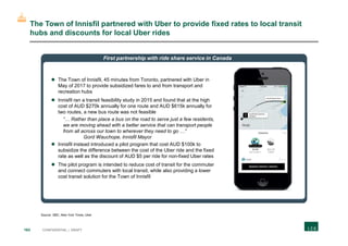 163 CONFIDENTIAL | DRAFT
The Town of Innisfil partnered with Uber to provide fixed rates to local transit
hubs and discounts for local Uber rides
First partnership with ride share service in Canada
Source: BBC, New York Times, Uber
 The Town of Innisfil, 45 minutes from Toronto, partnered with Uber in
May of 2017 to provide subsidized fares to and from transport and
recreation hubs
 Innisfil ran a transit feasibility study in 2015 and found that at the high
cost of AUD $270k annually for one route and AUD $615k annually for
two routes, a new bus route was not feasible
“… Rather than place a bus on the road to serve just a few residents,
we are moving ahead with a better service that can transport people
from all across our town to wherever they need to go …”
Gord Wauchope, Innisfil Mayor
 Innisfil instead introduced a pilot program that cost AUD $100k to
subsidize the difference between the cost of the Uber ride and the fixed
rate as well as the discount of AUD $5 per ride for non-fixed Uber rates
 The pilot program is intended to reduce cost of transit for the commuter
and connect commuters with local transit, while also providing a lower
cost transit solution for the Town of Innisfil
 