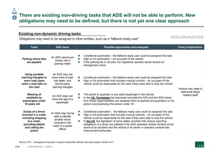 210 CONFIDENTIAL | DRAFT
There are existing non-driving tasks that ADS will not be able to perform. New
obligations may need to be defined, but there is not yet one clear approach
Topic ADS issue Possible approaches and examples Policy implications
Parking where fees
are payable
An ADS cannot put
money into a
parking meter
 Conditional automation - the fallback-ready user could be assigned this task.
 High or full automation – an occupant of the vehicle
 If the parking fee is not paid, the registered operator would receive an
infringement notice
Victoria may need to
determine these
matters itself
Using portable
warning triangles to
warn road users
when a load falls on
the road
An ADS may not
know when a load
has fallen, and
cannot place
warning triangles
 Conditional automation - the fallback-ready user could be assigned this task.
 High or full automation that includes manual controls – an occupant of the
vehicle could be responsible for this task if they were able to stop the vehicle.
Wearing of
seatbelts by
passengers under
16 years old
An ADS does not
know the age of a
passenger
 The parent or guardian or any adult passenger in the vehicle
 In the US, Tennessee has expressly excluded the ADS and the ADS owner
from these responsibilities and assigned them to parents and guardians or the
person accompanying the person under 16
Duties of a driver
involved in a crash,
including stopping
at a crash,
providing details
and calling the
police
An ADS may not be
able to identify
another driver
involved in the
crash or a police
officer
 Conditional automation - the fallback-ready user could be assigned this task.
 High or full automation that includes manual controls – an occupant of the
vehicle could be responsible for this task if they were able to stop the vehicle.
 In the US, the legislation of some states provides that various reporting
obligations of a driver are satisfied if the ADS operated vehicle remains at the
scene of an accident and the vehicle or its owner or operator contacts law
enforcement authorities.
Existing non-dynamic driving tasks
Obligations may need to be assigned to other entities, such as a “fallback-ready user”
Source: NTC – Changing driving laws to support automated vehicles discussion paper October 2017
NON-EXHAUSTIVE
5
 