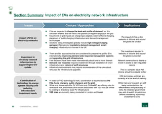 60 CONFIDENTIAL | DRAFT
Section Summary: Impact of EVs on electricity network infrastructure
 EVs are expected to change the level and profile of demand, but it is
unknown whether this will have a net positive or negative impact on the grid
 Key drivers of grid impact are charge type adopted, extent of home charging,
placement of public charging infrastructure and demand management
technologies
 Solutions being investigated globally include high-voltage charging
garages in Norway and mandatory demand management ‘smart
charging’ infrastructure in homes in the UK
The impact of EVs on the
networks in Victoria and around
the globe are unclear
 There are two approaches that are considered to prepare the grid for EVs
internationally; improving demand side response management systems,
and upgrading the grid infrastructure
 Few decisions have been made internationally about how to move forward
 Demand side response requires enablement through installation of smart
infrastructure and reform of tariff structures
 Infrastructure investments may require reconsideration of the rules about
who pays for infrastructure upgrades
The investment required in
networks in Victoria and around
the globe is uncertain
Network owners show a desire to
invest in assets to earn regulated
returns
This is a complex issue that
Victoria should investigate further
 X
 In order for V2G technology to work, coordination is required across the
EVs, home chargers, public chargers and the grid.
 While only Nissan will offer EV V2G and only CHAdeMO are offering plug bi-
directional flow, the infrastructure issues associated with V2G may be similar
to existing bi-directional solar PV infrastructure
 V2G trials are currently being conducted in London and Hawaii
V2G technology and trials are
currently at a low level of maturity
While trials and research are still
being conducted into the
effectiveness and practicality of
V2G, the Victorian government
may wish to watch for outcomes
before considering supporting
investment in V2G
Impact of EVs on
electricity networks
Contribution of
technology to energy
system security and
reducing
infrastructure
investment needs
Investment in
electricity network
infrastructure to
support higher EV
uptake
ImplicationsChoices / ApproachesIssues
5
 