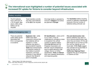 61 CONFIDENTIAL | DRAFT
The EV batteries
have a life-span of
c.10-15 years, after
which c.95% of the
battery can be
recycled
The international scan highlighted a number of potential issues associated with
increased EV uptake for Victoria to consider beyond infrastructure
Note: * National Highway Traffic Safety Administration
Source: Tesla; Nissan; Bloomberg; ICCT 2018; Teslanomics; US NFDA; NHTSA; ANCAP; ABC
Battery recycling
Tesla Australia currently
ship their used batteries
to the US to be recycled
One large facility is operated by
Umicore in Belgium and others
are planned in Europe
The Australian battery recycling
industry is relatively undeveloped
because of the low number of
batteries exiting vehicular use
There are potential
public safety issues
associated with
EVs in emergencies
or accidents
Explosion risk – while
OEMs have taken
measures to ensure that
their batteries will not
explode in a crash,
batteries may ignite or
become electric hazards.
Tesla have several layers
of protective coating on
their battery to prevent
explosions, and have
received a 5 star ANCAP
rating for their Model S
and X in Australia
EV identification – when an EV
is in a crash, it may be
challenging for emergency crews
to recognise if the vehicle
contains an electric battery.
While the US National Fire
Protection Association and
NHTSA* require firefighters to
look for labels alerting to high
voltage, there is no further
specification. Tesla and Nissan
both have released identification
and response guides
Fire and electrocution risk–
Electric batteries may catch on
fire or become electrocution risks
when they are broken. EV fire will
take longer to put out than an ICE
fire, and can reignite up to 24
hours later. While Tesla suggest
their vehicles are 5x less likely to
catch fire than an ICE,
Californian Highway Patrol
suggests they are as dangerous
in crashes as ICEs
Safety of emergency crew
6
 