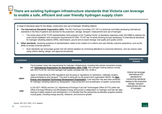 77 CONFIDENTIAL
There are existing hydrogen infrastructure standards that Victoria can leverage
to enable a safe, efficient and user friendly hydrogen supply chain
Jurisdiction Standards
Implications for
Victoria
EU
The European Union has requirements for hydrogen infrastructure, including that vehicle connectors comply
with International Organization for Standardization (ISO) 17268, that hydrogen fuelling stations comply
with ISO/TS 20100, and that hydrogen fuel quality complies with ISO 14782-2.
Victoria can leverage
International ISO
standards for
overarching standards
relating to the production,
storage, transport,
measurement and use
of hydrogen
Japan
Japan is streamlining its HRS regulations and focusing on regulations on operations, materials, location,
clearance/distance and transport. This work is being led by the government organisation NEDO, the New
Energy and Industrial Technology Development Organization. Cost reduction has also been achieved
for hydrogen refuelling stations by deregulation, mass production and simplification of system components
USA
In Oct 2017, NEDO and the U.S. Department of Energy's Fuel Cell Technologies Office (FCTO) within the
Office of Energy Efficiency and Renewable Energy announced a collaboration on hydrogen and fuel cell data
sharing of safety research and development. It is intended that this partnership accelerates progress towards
mutual goals, including energy security, resilience, and economic growth.
Source: ISO; ICCT; ARC; L.E.K. research
3
H2
A range of standards apply for the design, construction and use of hydrogen refuelling stations
 The International Standards Organization (ISO): The ISO Technical Committee (TC) 197 is a technical committee developing international
standards in the field of systems and devices for the production, storage, transport, measurement and use of hydrogen
- The centre piece of the TC197 standardization work program is the “Fuelling Family” of standards organized under ISO19880 to address the
most critical installation and component requirements for HRS. TC197 has 14 active Working Groups developing 15 international standards
for hydrogen refuelling stations (HRS), electrolysers, ground and on-board storage, fuel quality and quality control.
 Other standards: remaining questions of standardization relate to the creation of a uniform and user-friendly customer experience, such as the
ability to accept universal payment.
- Such standards can encourage quicker fuel cell vehicle adoption by minimizing alterations to consumer behaviour, and can reduce costs
using uniform testing, design, and approval procedures
 