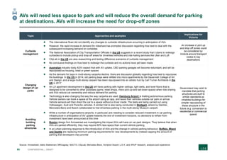 95 CONFIDENTIAL | DRAFT
AVs will need less space to park and will reduce the overall demand for parking
at destinations. AVs will increase the need for drop-off zones
Topic Approaches and examples
Implications for
Victoria
Curbside
management
 The International Scan did not identify any changes to curbside infrastructure occurring in anticipation of AVs
 However, the rapid increase in demand for rideshare has prompted discussion regarding how best to deal with the
subsequent increasing demand on curbsides
 The National Association of City Transportation Officials in the US suggests in a recent study that it plans to redesign
curbsides to include pickup and drop-off areas for driverless vehicles and ride-hailing services like Uber and Lyft
 CityLab in the US are also researching and testing difference scenarios of curbside management
 No conclusive findings on how best to redesign the curbside and no actions have yet been made
An increase in pick up
and drop off zones could
be considered by
Victoria around transport
nodes to key
destinations
Changing
design of car
parks
 Australian industry body ADVI expect that with AV uptake, CBD parking garages will become redundant, and will be
repurposed as housing, retail or green spaces
 As the demand for bays in multi-storey carparks decline, there are discussion globally regarding how best to repurpose
the buildings. In the US in 2014, old parking bays were refitted into micro apartments by the Savannah College of Art
and Design, and a large multi-storey carpark has been repurposed into an artistic hub by Carl Turner Architects in the
UK in 2017
 An LA apartment development in the US will have parking with higher ceilings, light wells, and level floors that is
designed to be converted to other purposes (gyms, retail shops, more pick-up and set-down space) when ride sharing
and AVs reduce car ownership and reduce demand for parking
 Technology is also changing the way the way carparks are used. Hamburg Airport is trialling autonomous parking.
Vehicle owners can book a space at the airport using an app, and leave their vehicles outside car park on arrival.
Vehicle sensors will then direct the car to a space without a driver inside. The tests are being carried out using
Volkswagen, Audi and Porsche vehicles. A similar trial is also being conducted in Stuttgart, where by Daimler,
Mercedes-Benz and Bosch collaborated to trial driverless parking in the multi-storey Museum carpark
Government may wish to
mandate that parking
structures are built to
similar standards as
inhabited buildings for
simpler repurposing of
these structure in the
future (e.g. conversion to
residential or commercial
space)
Avoiding
building
parking
structures
 While a number of organisations (airports, in particular) are needing to consider reduced investment in car parking
infrastructure in anticipation of AV uptake towards the end of investment horizons, no decisions to refrain from
investment have been announced at this time
 Boston design firm Arrowstreet are investigating the impact AVs will have on car park designs. They believe that when
AVs are parked efficiently, they may require 60% less space than current vehicle parking
 In an urban planning response to the introduction of AVs and the change in vehicle parking behaviour, Buffalo, Miami
and Seattle are replacing minimum parking requirements for new developments by instead capping the amount of
parking that developers may provide
1
Source: Arrowstreet; Idaho Statesman; MRCagney; NACTO; CityLab; Mercedez-Benz; Schiphol Airport; L.E.K. and ARUP research, analysis and experience
 