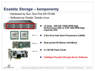 Exadata – czego możemy oczekiwać?Przede wszystkim: poprawy wydajności.Czy zawsze?Poza tym... rozpatrujmy to w odniesieniu do relacji „cena-jakość”Lepiej zoptymalizowanych komponentów.Lepiej od czego?Rozwiązania pochodzącego od jednego dostawcyOstatnie przejęcia strategicznych produktów przez Oracle są naturalną konsekwencja powstania czegoś typu Exadata (i Exalogic)Przyszłej ścisłej integracji z produktem ExalogicDobrze zdefiniowanych ścieżek migracjiDesign:Das Farbschema ist im Design als „OC 2009“ hinterlegt.