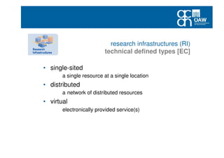 research infrastructures (RI)
technical defined types [EC]
• single-sited
a single resource at a single location
• distributed
a network of distributed resources
• virtual
electronically provided service(s)
 