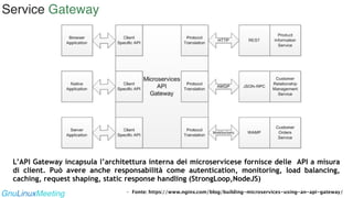 Service Gateway
GnuLinuxMeeting - Fonte: https://www.nginx.com/blog/building-microservices-using-an-api-gateway/
L’API Gat...