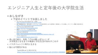 エンジニア⼈⽣と定年後の⼤学院⽣活
• おしながき
• 下記のイベントでお話しました
• July Tech Fest 2019 2020/07/02 （再演）
https://techfesta.connpass.com/event/177160/
• 電⼦情報通信学会、東京⽀部シンポジウム「⼈⽣100年時代における研究者・技術者としての⼼構え」(オンライン開催) 2020/05/21
https://www.ieice.org/tokyo/sinpo.html#menu55
• July Tech Fest 2019 2019/12/08
https://2019.techfesta.jp/speakers#C30
• 関⻄オープンフォーラム2019 11/09
https://k-of.jp/backend/session/1254
• DevLove X 2019/6/22
https://devlove.wixsite.com/devlovex/schedule
https://www.slideshare.net/hyoshiok/10020190623-devlove-x-day-1-d7
• デブサミ2019 2/15
https://codezine.jp/article/detail/11713
• ⻑い⾃⼰紹介，⾃称「プロの酔っぱらい」が
⼤学院⽣になるまでの軌跡と学⽣⽣活のあれやこれや
• パラダイムシフト時代に⽣きる
• 脳には可塑性がある
3
TechLION vol. 5, 2011/12/14
https://www.slideshare.net/hyoshiok/techlion-vol5-12142011-10609606
 