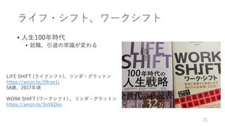 ライフ・シフト、ワークシフト
• ⼈⽣100年時代
• 就職、引退の常識が変わる
21
LIFE SHIFT (ライフシフト)，リンダ・グラットン
https://amzn.to/2Rree1j
58歳、2017年頃
WORK SHIFT (ワークシフト) ，リンダ・グラットン
https://amzn.to/3nVbDsv
 