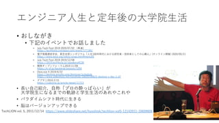 エンジニア⼈⽣と定年後の⼤学院⽣活
• おしながき
• 下記のイベントでお話しました
• July Tech Fest 2019 2020/07/02 （再演）
https://techfesta.connpass.com/event/177160/
• 電⼦情報通信学会、東京⽀部シンポジウム「⼈⽣100年時代における研究者・技術者としての⼼構え」(オンライン開催) 2020/05/21
https://www.ieice.org/tokyo/sinpo.html#menu55
• July Tech Fest 2019 2019/12/08
https://2019.techfesta.jp/speakers#C30
• 関⻄オープンフォーラム2019 11/09
https://k-of.jp/backend/session/1254
• DevLove X 2019/6/22
https://devlove.wixsite.com/devlovex/schedule
https://www.slideshare.net/hyoshiok/10020190623-devlove-x-day-1-d7
• デブサミ2019 2/15
https://codezine.jp/article/detail/11713
• ⻑い⾃⼰紹介，⾃称「プロの酔っぱらい」が
⼤学院⽣になるまでの軌跡と学⽣⽣活のあれやこれや
• パラダイムシフト時代に⽣きる
• 脳はバージョンアップできる
3
TechLION vol. 5, 2011/12/14 https://www.slideshare.net/hyoshiok/techlion-vol5-12142011-10609606
 