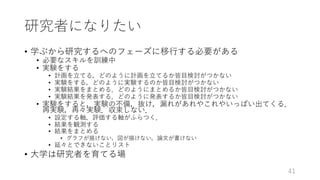研究者になりたい
• 学ぶから研究するへのフェーズに移⾏する必要がある
• 必要なスキルを訓練中
• 実験をする
• 計画を⽴てる，どのように計画を⽴てるか皆⽬検討がつかない
• 実験をする，どのように実験するのか皆⽬検討がつかない
• 実験結果をまとめる．どのようにまとめるか皆⽬検討がつかない
• 実験結果を発表する．どのように発表するか皆⽬検討がつかない
• 実験をすると，実験の不備，抜け，漏れがあれやこれやいっぱい出てくる．
再実験，再々実験．収束しない．
• 設定する軸，評価する軸がふらつく．
• 結果を観測する
• 結果をまとめる
• グラフが描けない，図が描けない，論⽂が書けない
• 延々とできないことリスト
• ⼤学は研究者を育てる場
41
 