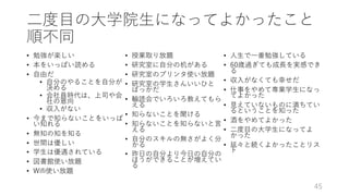 ⼆度⽬の⼤学院⽣になってよかったこと
順不同
• 勉強が楽しい
• 本をいっぱい読める
• ⾃由だ
• ⾃分のやることを⾃分が
決める
• 会社員時代は、上司や会
社の意向
• 収⼊がない
• 今まで知らないことをいっぱ
い知れる
• 無知の知を知る
• 世間は優しい
• 学⽣は優遇されている
• 図書館使い放題
• Wifi使い放題
• 授業取り放題
• 研究室に⾃分の机がある
• 研究室のプリンタ使い放題
• 研究室の学⽣さんいいひと
ばっかだ
• 輪読会でいろいろ教えてもら
える
• 知らないことを聞ける
• 知らないことを知らないと⾔
える
• ⾃分のスキルの無さがよく分
かる
• 昨⽇の⾃分より今⽇の⾃分の
ほうができることが増えてい
る
• ⼈⽣で⼀番勉強している
• 60歳過ぎても成⻑を実感でき
る
• 収⼊がなくても幸せだ
• 仕事をやめて専業学⽣になっ
てよかった
• ⾒えていないものに満ちてい
るということを知った
• 酒をやめてよかった
• ⼆度⽬の⼤学⽣になってよ
かった
• 延々と続くよかったことリス
ト
45
 