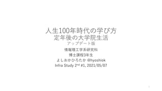 ⼈⽣100年時代の学び⽅
定年後の⼤学院⽣活
アップデート版
情報理⼯学系研究科
博⼠課程3年⽣
よしおかひろたか @hyoshiok
Infra Study 2nd #1, 2021/05/07
1
 