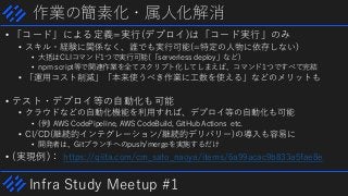 Infra Study Meetup #1
作業の簡素化・属人化解消
• 「コード」による定義=実行(デプロイ)は「コード実行」のみ
• スキル・経験に関係なく、誰でも実行可能(=特定の人物に依存しない)
• 大抵はCLIコマンド1つで実行可能(「serverless deploy」など)
• npm script等で関連作業を全てスクリプト化してしまえば、コマンド1つですべて完結
• 「運用コスト削減」「本来使うべき作業に工数を使える」などのメリットも
• テスト・デプロイ等の自動化も可能
• クラウドなどの自動化機能を利用すれば、デプロイ等の自動化も可能
• (例) AWS CodePipeline, AWS CodeBuild, GitHub Actions etc.
• CI/CD(継続的インテグレーション/継続的デリバリー)の導入も容易に
• 開発者は、Gitブランチへのpush/mergeを実施するだけ
• (実現例)： https://qiita.com/cm_sato_naoya/items/6a99acac9b833a5fae8e
 
