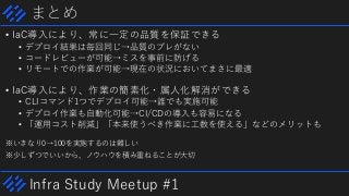 Infra Study Meetup #1
まとめ
• IaC導入により、常に一定の品質を保証できる
• デプロイ結果は毎回同じ→品質のブレがない
• コードレビューが可能→ミスを事前に防げる
• リモートでの作業が可能→現在の状況においてまさに最適
• IaC導入により、作業の簡素化・属人化解消ができる
• CLIコマンド1つでデプロイ可能→誰でも実施可能
• デプロイ作業も自動化可能→CI/CDの導入も容易になる
• 「運用コスト削減」「本来使うべき作業に工数を使える」などのメリットも
※いきなり0→100を実施するのは難しい
※少しずつでいいから、ノウハウを積み重ねることが大切
 