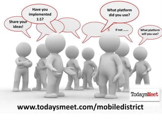 www.todaysmeet.com/mobiledistrict
Share your
ideas!
Have you
implemented
1:1?
What platform
did you use?
What platform
will you use?
If not …….
 