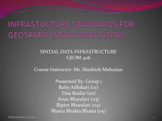 SPATIAL DATA INFRASTRUCTURE
GEOM 406

Course Instructor :Mr. Shashish Maharjan
Presented By: Group 1
Ruby Adhikari (01)
Tina Baidar (02)
Arun Bhandari (03)
Biplov Bhandari (04)
Bhanu Bhakta Bhatta (05)
Friday, January 10, 2014

1

 