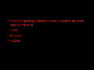 • From the pterygopalatine fossa a number of small
canals lead into
• nose,
• pharynx
• palate.
 
