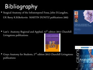 Bibliography
• Surgical Anatomy of the Infratemporal Fossa, John D.Langdon,
UK Barry K.B.Berkovitz MARTIN DUNITZ publications 2003
• Last’s Anatomy Regional and Applied. 12th edition 2011 Churchill
Livingstone publications
• Grays Anatomy for Students, 2nd edition 2012 Churchill Livingstone
publications
 
