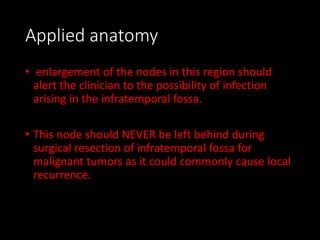 Applied anatomy
• enlargement of the nodes in this region should
alert the clinician to the possibility of infection
arising in the infratemporal fossa.
• This node should NEVER be left behind during
surgical resection of infratemporal fossa for
malignant tumors as it could commonly cause local
recurrence.
 