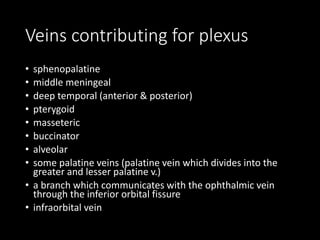 Veins contributing for plexus
• sphenopalatine
• middle meningeal
• deep temporal (anterior & posterior)
• pterygoid
• masseteric
• buccinator
• alveolar
• some palatine veins (palatine vein which divides into the
greater and lesser palatine v.)
• a branch which communicates with the ophthalmic vein
through the inferior orbital fissure
• infraorbital vein
 