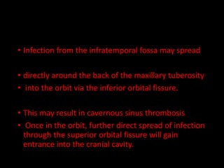 • Infection from the infratemporal fossa may spread
• directly around the back of the maxillary tuberosity
• into the orbit via the inferior orbital fissure.
• This may result in cavernous sinus thrombosis
• Once in the orbit, further direct spread of infection
through the superior orbital fissure will gain
entrance into the cranial cavity.
 