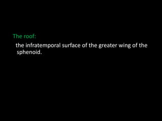 The roof:
the infratemporal surface of the greater wing of the
sphenoid.
 