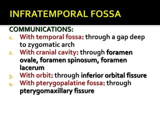 COMMUNICATIONS:
1. With temporal fossa: through a gap deep
to zygomatic arch
2. With cranial cavity: through foramen
ovale, foramen spinosum, foramen
lacerum
3. With orbit: through inferior orbital fissure
4. With pterygopalatine fossa: through
pterygomaxillary fissure
 