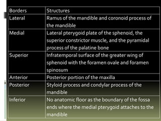 Borders     Structures
Lateral     Ramus of the mandible and coronoid process of
            the mandible
Medial      Lateral pterygoid plate of the sphenoid, the
            superior constrictor muscle, and the pyramidal
            process of the palatine bone
Superior    Infratemporal surface of the greater wing of
            sphenoid with the foramen ovale and foramen
            spinosum
Anterior    Posterior portion of the maxilla
Posterior   Styloid process and condylar process of the
            mandible
Inferior    No anatomic floor as the boundary of the fossa
            ends where the medial pterygoid attaches to the
            mandible
 