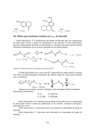 154
O
CH3O
λ max
EtOH
= 276 nm
O
CH3O
CH3O
λ max
EtOH
= 278 nm
9.6 Efeitos que ocasionam variações no λλλλ Max de absorção
Efeito batocrômico: É o deslocamento das bandas de absorção para um comprimento
de onda maior devido a efeitos de substituição ou de solvente. O efeito batocrômico
provoca o deslocamento da banda de absorção para o vermelho. Este efeito aparece quando
substituímos hidrogênio de um sistema conjugado por um radical alquila.
H
C
C
H
CH2
CH2
λ max = 217 nm
H
C
C
H
CH2
H
C
- H
+ CH3 CH3 λ max = 222 nm
H
C
C
H
CH
H
C
CH3
-2H
+ 2 CH3
H3C
λ max = 227 nm
Figura 9.5. Efeito batocrômico no butadieno. (Silverstein,1979).
O efeito batocrômico que ocorre devido à substituição de grupo alquila é causado
pelo efeito de hiperconjugação (mobilidade dos elétrons sigma do alquila para interação
com o cromóforo).
H
C
C
H
CH2
H
C
CH3
λmax = 222 nm
H
C
C
H
CH2
C
CH3
H +
Átomos como oxigênio, enxofre e nitrogênio perto da ligação etilênica produzem
deslocamento batocrômico.
C=C λ=165 nm
C=C-SH λ=228 nm
Efeito hipsocrômico: É o deslocamento da banda de absorção para um comprimento
de onda menor devido a efeitos de substituição ou de solvente. A banda de absorção é
deslocada para o azul.
Efeito hipercrômico: É observado através do aumento da intensidade da banda de
absorção.
Efeito hipocrômico: É observado pela diminuição da intensidade da banda de
absorção.
 