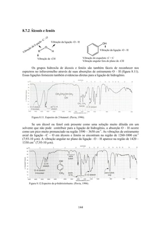 144
8.7.2 Álcoois e fenóis
Vibração de -CH
Vibração da li gação -C - O
Vibração da ligação -O - H
OH
Vibração da ligação -O - H
Vibração do esqueleto -C = C
Vibração angular fora do plano do -CH
R
O
H
Os grupos hidroxila de álcoois e fenóis são também fáceis de reconhecer nos
espectros no infravermelho através de suas absorções de estiramento O – H (figura 8.11).
Essas ligações fornecem também evidencias diretas para a ligação de hidrogênio.
Figura 8.11. Espectro do 2-butanol. (Pavia, 1996).
Se um álcool ou fenol está presente como uma solução muito diluída em um
solvente que não pode contribuir para a ligação de hidrogênio, a absorção O – H ocorre
como um pico muito pronunciado na região 3590 – 3650 cm-1
. As vibrações de estiramento
axial da ligação –C – O em álcoois e fenóis se encontram na região de 1260-1000 cm-1
(7,93-10 µm). A vibração angular no plano da ligação –O – H aparece na região de 1420 –
1330 cm-1
(7,93-10 µm).
Figura 8.12.Espectro do p-hidróxitolueno. (Pavia, 1996).
 