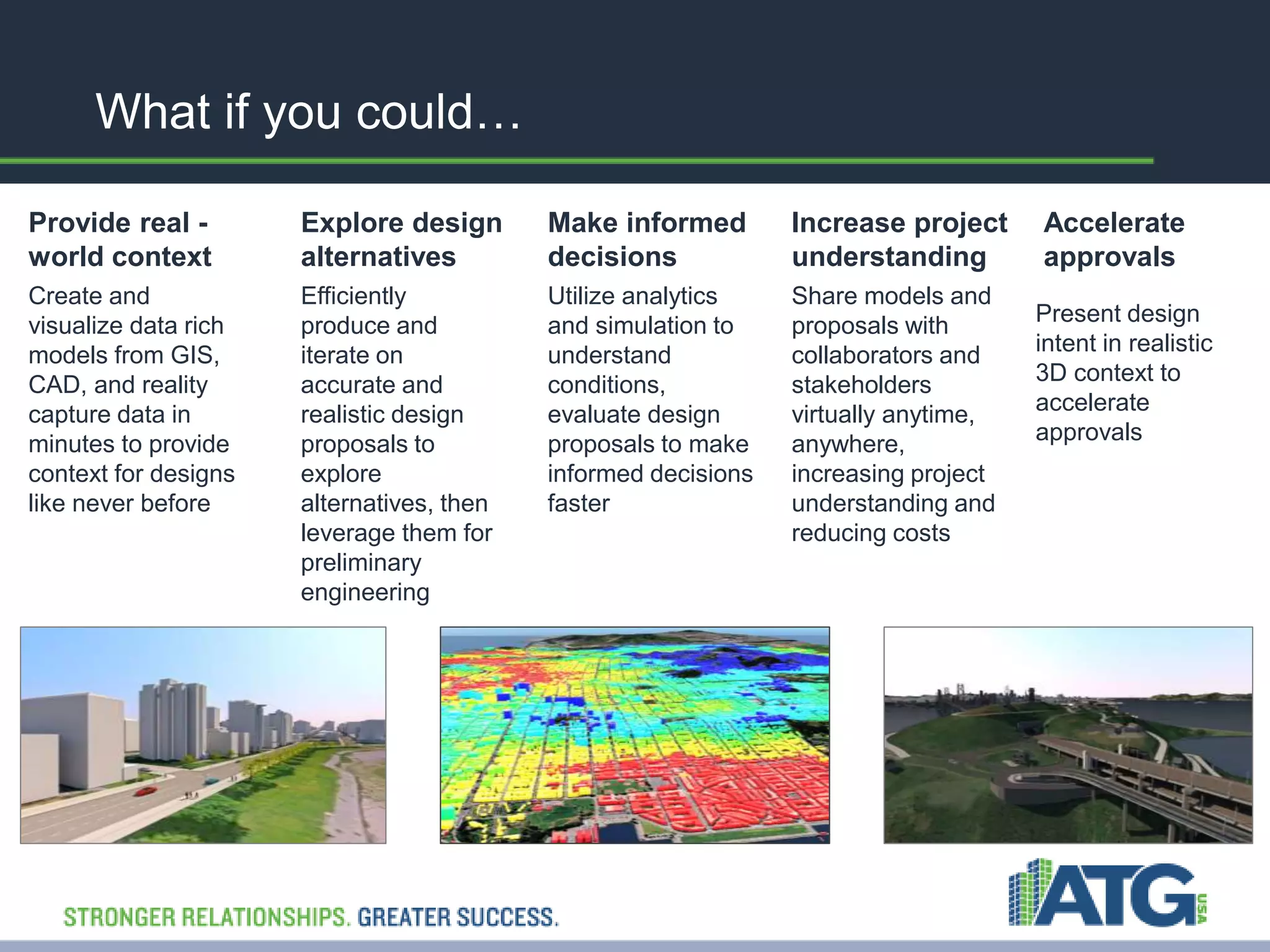 What if you could… 
Provide real - 
world context 
Create and 
visualize data rich 
models from GIS, 
CAD, and reality 
capture data in 
minutes to provide 
context for designs 
like never before 
Explore design 
alternatives 
Efficiently 
produce and 
iterate on 
accurate and 
realistic design 
proposals to 
explore 
alternatives, then 
leverage them for 
preliminary 
engineering 
Make informed 
decisions 
Utilize analytics 
and simulation to 
understand 
conditions, 
evaluate design 
proposals to make 
informed decisions 
faster 
Increase project 
understanding 
Share models and 
proposals with 
collaborators and 
stakeholders 
virtually anytime, 
anywhere, 
increasing project 
understanding and 
reducing costs 
Accelerate 
approvals 
Present design 
intent in realistic 
3D context to 
accelerate 
approvals 
 