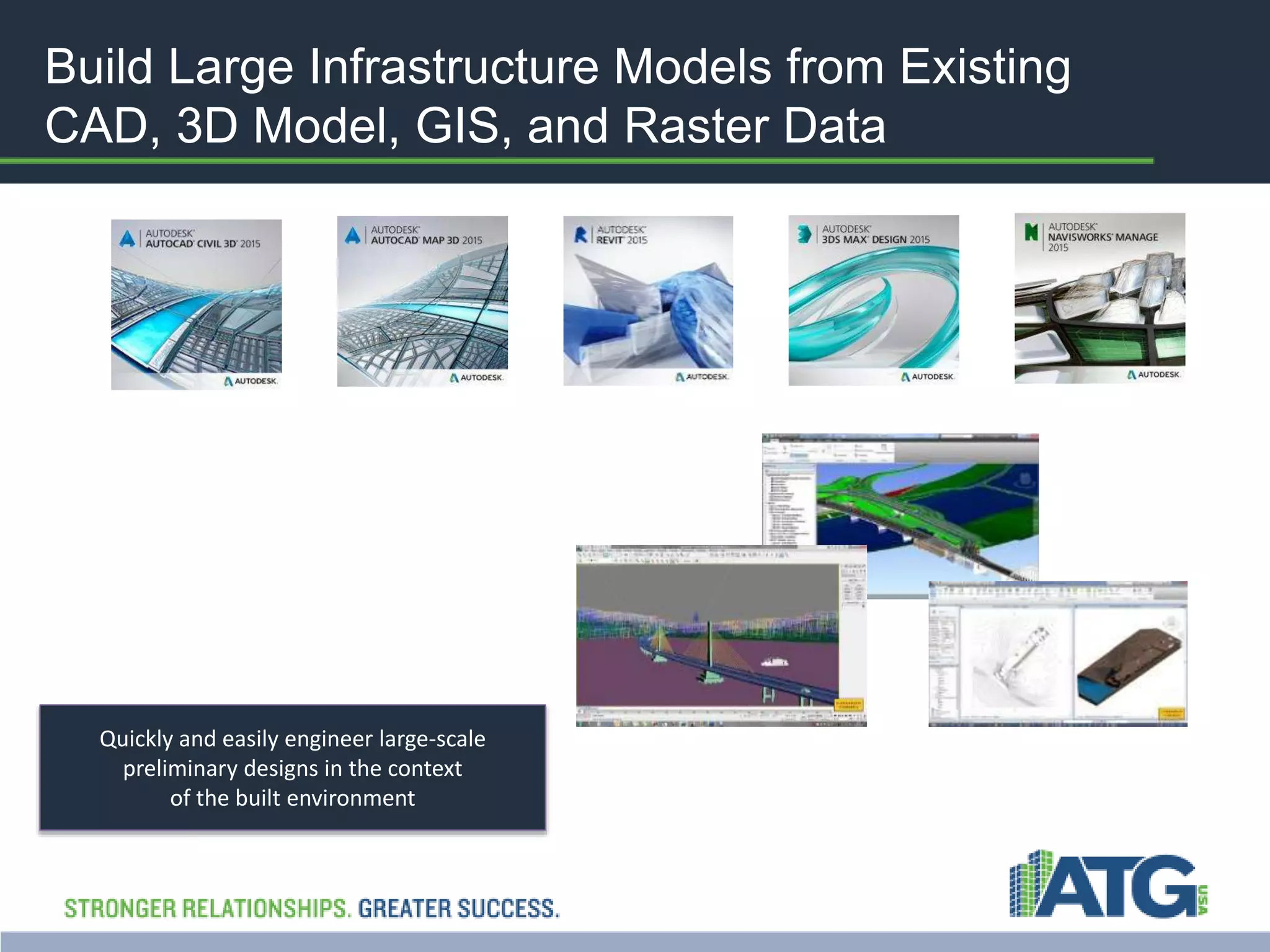 Build Large Infrastructure Models from Existing 
CAD, 3D Model, GIS, and Raster Data 
Quickly and easily engineer large-scale 
preliminary designs in the context 
of the built environment 
 
