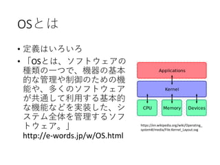OSとは
• 定義はいろいろ
• 「OSとは、ソフトウェアの
種類の一つで、機器の基本
的な管理や制御のための機
能や、多くのソフトウェア
が共通して利用する基本的
な機能などを実装した、シ
ステム全体を管理するソフ
トウェア。」
http://e-words.jp/w/OS.html
https://en.wikipedia.org/wiki/Operating_
system#/media/File:Kernel_Layout.svg
 