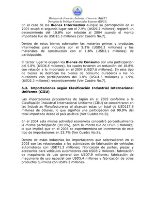 Ministerio de Fomento, Industria y Comercio (MIFIC)
                 Dirección de Políticas Comerciales Externas (DPCE)
En el caso de los Bienes Intermedios aunque su participación en el
2005 ocupó el segundo lugar con el 7.9% (USD9.2 millones) registró un
decrecimiento del 10.8% con relación al 2004 cuando el monto
importado fue de USD10.3 millones (Ver Cuadro No.7).

Dentro de estos bienes sobresalen las materias primas y productos
intermedios para industria con el 5.3% (USD6.2 millones) y los
materiales de construcción con el 1.8% (USD2.1 millones) de
participación.

El tercer lugar lo ocupan los Bienes de Consumo con una participación
del 5.8% (USD6.8 millones), los cuales tuvieron un reducción del 10.8%
con relación a lo importado en el 2004 (USD7.6 millones). En este tipo
de bienes se destacan los bienes de consumo duraderos y los no
duraderos con participaciones del 3.8% (USD4.5 millones) y 1.9%
(USD2.3 millones) respectivamente (Ver Cuadro No.7).

6.3. Importaciones según Clasificación Industrial Internacional
Uniforme (CIIU)

Las importaciones procedentes de Japón en el 2005 conforme a la
Clasificación Industrial Internacional Uniforme (CIIU) se concentraron en
las Industrias Manufactureras al alcanzar estas un total de USD117.8
millones de dólares, lo que significó una participación del 99.9% del
total importado desde el país asiático (Ver Cuadro No.8).

En el 2004 esta misma actividad económica concentró porcentualmente
la misma participación (99.9%), pero su monto fue de US95.3 millones,
lo que implicó que en el 2005 se experimentara un incremento de este
tipo de importaciones en 23.7% (Ver Cuadro No.8).

Dentro de estas industrias las importaciones que sobresalieron en el
2005 son las relacionadas a las actividades de fabricación de vehículos
automotores con USD71.3 millones; fabricación de partes, piezas y
accesorios para vehículos automotores con USD8.2 millones; fabricación
de maquinaria de uso general con USD7.9 millones; fabricación de
maquinaria de uso especial con USD5.4 millones y fabricación de otros
productos químicos con USD5.2 millones.
 