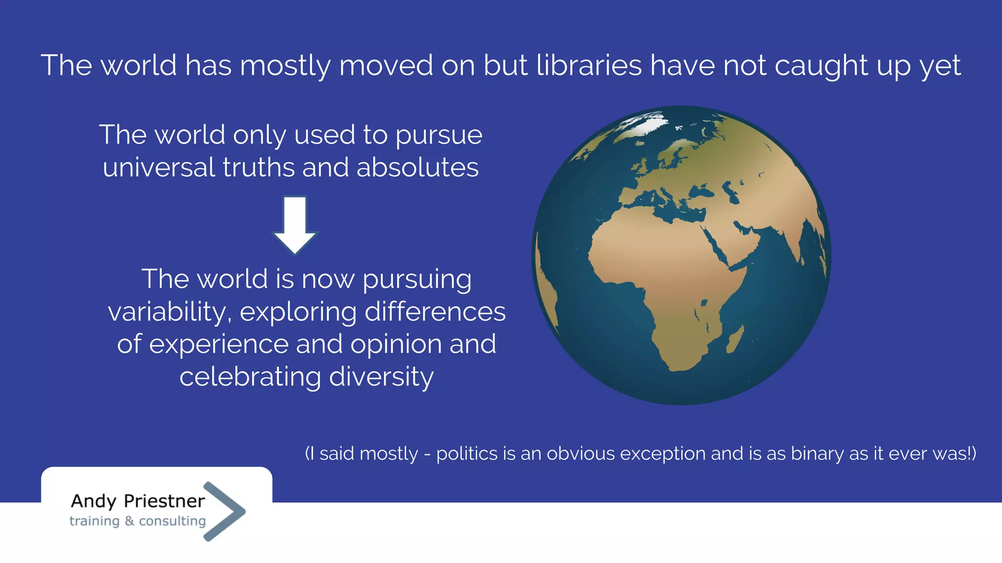 The world has mostly moved on but libraries have not caught up yet
The world is now pursuing
variability, exploring differences
of experience and opinion and
celebrating diversity
The world only used to pursue
universal truths and absolutes
(I said mostly - politics is an obvious exception and is as binary as it ever was!)
 