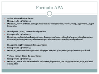 Formato APA
 Avizora (2014) Algoritmos
 Recuperado 13/01/2015
 De:http://www.avizora.com/publicaciones/computacion/textos/0015_algoritmo_algor
ithm.htm
 Wordpress (2014) Partes del algortimo
 Recuperado 13/01/2015
 De:https://edgardobuelvas0407.wordpress.com/generalidades/anexo-3-fundamentos-
de-un-algoritmo/partes-y-elementos-para-la-construccion-de-un-algoritmo/
 Blogger (2014) Teorías de los algortimos
 Recuperado 13/01/2015
 De:http://teoriasdelosalgoritmo.blogspot.mx/2013/02/ventajas-y-desventajas.html
 Virtual (2014) Tipos de algoritmos
 Recuperado 13/01/2015
 De:http://www.virtual.unal.edu.co/cursos/ingenieria/2001839/modulo1/cap_02/lecci
on103.htm
 