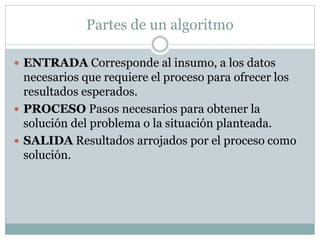 Partes de un algoritmo
 ENTRADA Corresponde al insumo, a los datos
necesarios que requiere el proceso para ofrecer los
resultados esperados.
 PROCESO Pasos necesarios para obtener la
solución del problema o la situación planteada.
 SALIDA Resultados arrojados por el proceso como
solución.
 