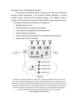 motivações e das vulnerabilidades exploradas.
        Uma honeynet normalmente contém um segmento de rede com honeypots de
diversos sistemas operacionais e que fornecem diversas aplicações e serviços.
Também contém mecanismos de contenção robustos, com múltiplos níveis de
controle, além de sistemas para captura e coleta de dados, e para geração de alertas.
    As principais funções de uma honeynet e honeypots são:
    •   detectar ataques internos;
    •   identificar varreduras e ataques automatizados;
    •   manter atacantes afastados de sistemas importantes;
    •   coletar assinaturas de ataques;
    •   detectar máquinas comprometidas ou com problemas de configuração;
    •   coletar código malicioso (malware).




  A Honeynet é uma rede que abriga os honeypots. Os honeypot são servidores reais (ou virtuais) que
 estão ali para capturar informações dos invasores. São servidores que tem IP real e todos os serviços
configurados. Porém estes servidores têm “armadilhas” para pegar o invasor, pegar números de IPs, hora
 de acesso e comportamento. É uma rede completa, porém com a única intenção de atrair invasores e
  descobrir o que realmente eles querem. Como na verdade a rede mais acima está mais protegida, a
          honeynet é mais atrativa e com certeza os atacantes procurarão o que é mais fácil.
                                 Fonte: Eriberto Mota – http://hlbr.sf.net
 