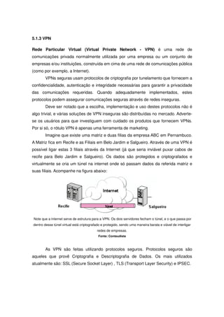 5.1.3 VPN

Rede Particular Virtual (Virtual Private Network - VPN) é uma rede de
comunicações privada normalmente utilizada por uma empresa ou um conjunto de
empresas e/ou instituições, construída em cima de uma rede de comunicações pública
(como por exemplo, a Internet).
        VPNs seguras usam protocolos de criptografia por tunelamento que fornecem a
confidencialidade, autenticação e integridade necessárias para garantir a privacidade
das comunicações requeridas. Quando adequadamente implementados, estes
protocolos podem assegurar comunicações seguras através de redes inseguras.
        Deve ser notado que a escolha, implementação e uso destes protocolos não é
algo trivial, e várias soluções de VPN inseguras são distribuídas no mercado. Adverte-
se os usuários para que investiguem com cuidado os produtos que fornecem VPNs.
Por si só, o rótulo VPN é apenas uma ferramenta de marketing.
        Imagine que existe uma matriz e duas filias da empresa ABC em Pernambuco.
A Matriz fica em Recife e as Filiais em Belo Jardim e Salgueiro. Através de uma VPN é
possível ligar estas 3 filiais através da Internet (já que seria inviável puxar cabos de
recife para Belo Jardim e Salgueiro). Os dados são protegidos e criptografados e
virtualmente se cria um túnel na internet onde só passam dados da referida matriz e
suas filiais. Acompanhe na figura abaixo:




Note que a internet serve de estrutura para a VPN. Os dois servidores fecham o túnel, e o que passa por
dentro desse túnel virtual está criptografado e protegido, sendo uma maneira barata e viável de interligar
                                          redes de empresas.
                                           Fonte: Conteudista



        As VPN são feitas utilizando protocolos seguros. Protocolos seguros são
aqueles que provê Criptografia e Descriptografia de Dados. Os mais utilizados
atualmente são: SSL (Secure Socket Layer) , TLS (Transport Layer Security) e IPSEC.
 
