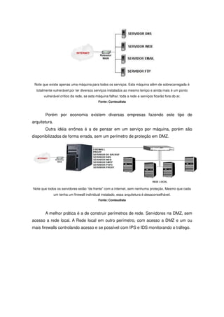 Note que existe apenas uma máquina para todos os serviços. Esta máquina além de sobrecarregada é
  totalmente vulnerável por ter diversos serviços instalados ao mesmo tempo e ainda mais é um ponto
      vulnerável crítico da rede, se esta máquina falhar, toda a rede e serviços ficarão fora do ar.
                                            Fonte: Conteudista



       Porém por economia existem diversas empresas fazendo este tipo de
arquitetura.
       Outra idéia errônea é a de pensar em um serviço por máquina, porém são
disponibilizados de forma errada, sem um perímetro de proteção em DMZ.




Note que todos os servidores estão “de frente” com a internet, sem nenhuma proteção. Mesmo que cada
               um tenha um firewall individual instalado, essa arquitetura é desaconselhável.
                                            Fonte: Conteudista



       A melhor prática é a de construir perímetros de rede. Servidores na DMZ, sem
acesso a rede local. A Rede local em outro perímetro, com acesso a DMZ e um ou
mais firewalls controlando acesso e se possível com IPS e IDS monitorando o tráfego.
 