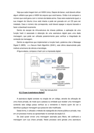 Veja que cada imagem tem um HASH único. Depois de baixar, você deverá utilizar
algum utilitário que gera o HASH do arquivo que você baixou. Então é só comparar o
número que você gerou com o número da tabela acima. Caso este exatamente igual, a
sua imagem do Ubuntu Linux está intacta e pode ser gravada em um CD para ser
instalado. Caso o número não corresponda, você deverá apagar o arquivo baixado e
fazer o download novamente.
    Dentro do escopo da infra-estrutura de chaves públicas, a aplicação de uma
função hash é associada à obtenção de uma assinatura digital para uma dada
mensagem, que pode ser utilizada posteriormente para verificar a integridade do
conteúdo da mensagem.
    Dentre os algoritmos que implementam a função hash, podemos citar o Message
Digest 5 (MD5), e o Secure Hash Algorithm (SHA1), este último desenvolvido pelo
instituto americano de ciência e tecnologia.
    A figura abaixo, compara o hash com a impressão digital:




                                   Fonte: http://www.gta.ufrj.br

       6.5. O que é assinatura digital?


    A assinatura digital consiste na criação de um código, através da utilização de
uma chave privada, de modo que a pessoa ou entidade que receber uma mensagem
contendo este código possa verificar se o remetente é mesmo quem diz ser e
identificar qualquer mensagem que possa ter sido modificada.
    Desta forma, é utilizado o método de criptografia de chaves pública e privada, mas
em um processo inverso ao apresentado no exemplo da seção 6.3.
    Se José quiser enviar uma mensagem assinada para Maria, ele codificará a
mensagem com sua chave privada. Neste processo será gerada uma assinatura
 