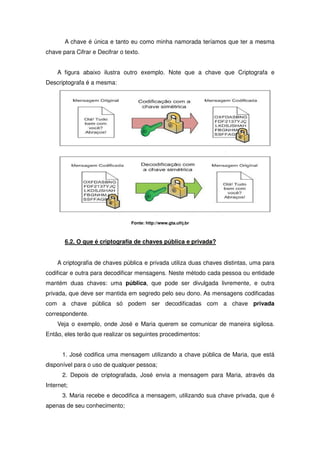 A chave é única e tanto eu como minha namorada teríamos que ter a mesma
chave para Cifrar e Decifrar o texto.


    A figura abaixo ilustra outro exemplo. Note que a chave que Criptografa e
Descriptografa é a mesma:




                                 Fonte: http://www.gta.ufrj.br



       6.2. O que é criptografia de chaves pública e privada?


    A criptografia de chaves pública e privada utiliza duas chaves distintas, uma para
codificar e outra para decodificar mensagens. Neste método cada pessoa ou entidade
mantém duas chaves: uma pública, que pode ser divulgada livremente, e outra
privada, que deve ser mantida em segredo pelo seu dono. As mensagens codificadas
com a chave pública só podem ser decodificadas com a chave privada
correspondente.
    Veja o exemplo, onde José e Maria querem se comunicar de maneira sigilosa.
Então, eles terão que realizar os seguintes procedimentos:


      1. José codifica uma mensagem utilizando a chave pública de Maria, que está
disponível para o uso de qualquer pessoa;
      2. Depois de criptografada, José envia a mensagem para Maria, através da
Internet;
      3. Maria recebe e decodifica a mensagem, utilizando sua chave privada, que é
apenas de seu conhecimento;
 