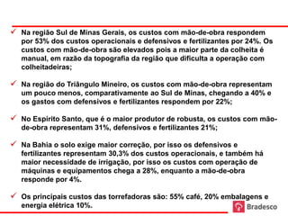  Na região Sul de Minas Gerais, os custos com mão-de-obra respondem
   por 53% dos custos operacionais e defensivos e fertilizantes por 24%. Os
   custos com mão-de-obra são elevados pois a maior parte da colheita é
   manual, em razão da topografia da região que dificulta a operação com
   colheitadeiras;

 Na região do Triângulo Mineiro, os custos com mão-de-obra representam
   um pouco menos, comparativamente ao Sul de Minas, chegando a 40% e
   os gastos com defensivos e fertilizantes respondem por 22%;

 No Espírito Santo, que é o maior produtor de robusta, os custos com mão-
   de-obra representam 31%, defensivos e fertilizantes 21%;

 Na Bahia o solo exige maior correção, por isso os defensivos e
   fertilizantes representam 30,3% dos custos operacionais, e também há
   maior necessidade de irrigação, por isso os custos com operação de
   máquinas e equipamentos chega a 28%, enquanto a mão-de-obra
   responde por 4%.

 Os principais custos das torrefadoras são: 55% café, 20% embalagens e
   energia elétrica 10%.
 