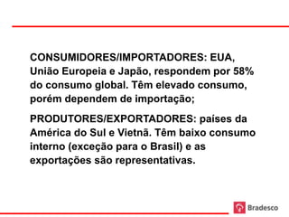 NO SEGMENTO DE CAFÉ OS PAÍSES SÃO DIVIDIDOS DA SEGUINTE FORMA




CONSUMIDORES/IMPORTADORES: EUA,
União Europeia e Japão, respondem por 58%
do consumo global. Têm elevado consumo,
porém dependem de importação;
PRODUTORES/EXPORTADORES: países da
América do Sul e Vietnã. Têm baixo consumo
interno (exceção para o Brasil) e as
exportações são representativas.
 
