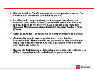  Risco climático. O café é muito sensível a geadas e secas. Os
   cafezais não florescem com falta de chuva;

 Incidência de pragas e doenças. As pragas do cafeeiro são:
   broca do café, bicho mineiro, cochonilha verde, carucho das
   tulhas, mosca do mediterrêneo. As doenças são: Ferrugem
   (fungos), Mancha Aureolada (bactéria), Mancha Anular e Pinta
   (Vírus);
 Setor exportador – dependente do comportamento do câmbio;
 Commodity sujeita ao comportamento das cotações
   internacionais. Risco elevado em períodos de alta volatilidade
   dos preços nos mercados futuros, o que pode levar a perdas
   com ajuste de margem;

 Custos de fertilizantes e defensivos agrícolas são cotados em
   dólar e dependendes da matéria-prima petroquímica.
 