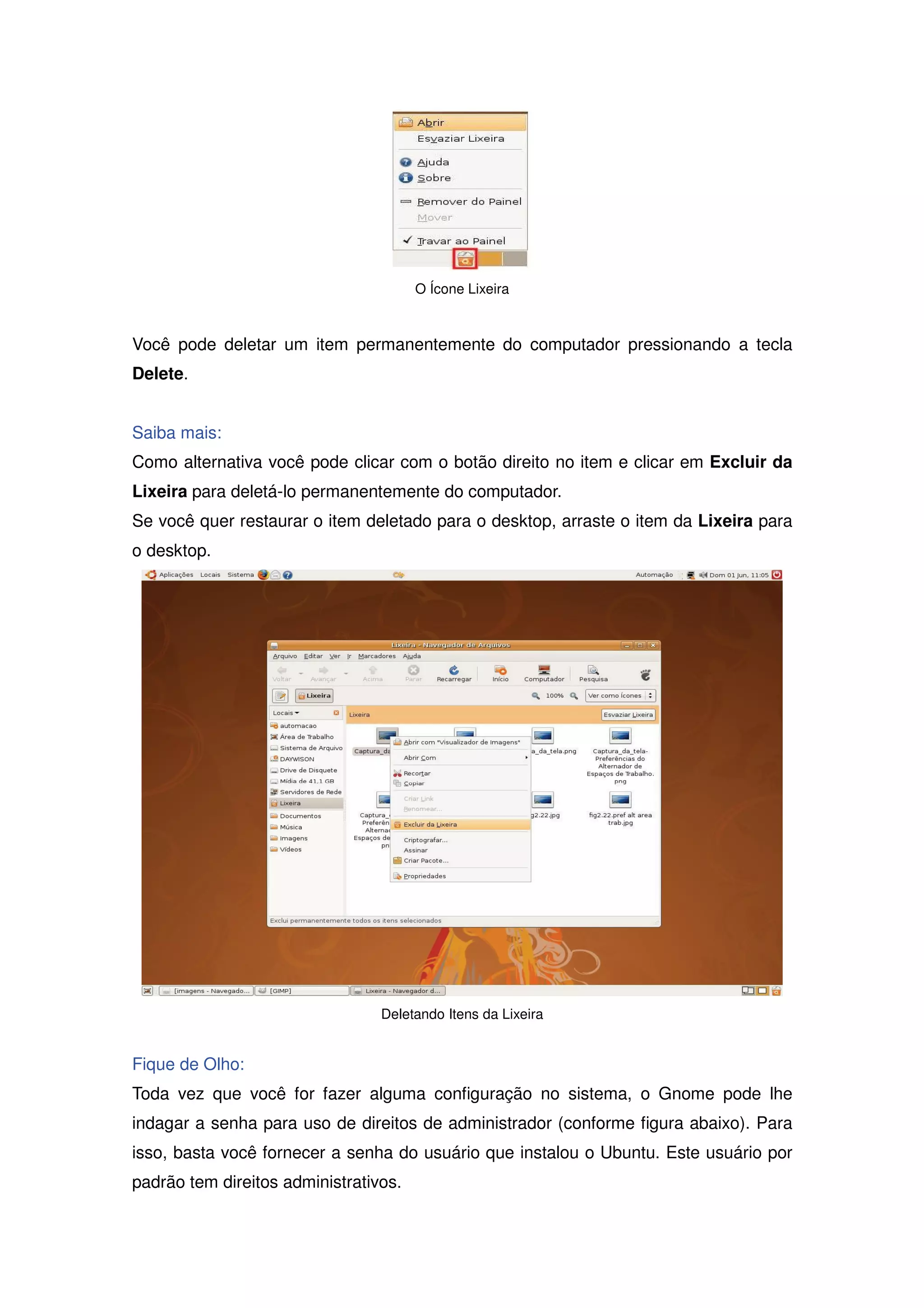 O Ícone Lixeira



Você pode deletar um item permanentemente do computador pressionando a tecla
Delete.


Saiba mais:
Como alternativa você pode clicar com o botão direito no item e clicar em Excluir da
Lixeira para deletá-lo permanentemente do computador.
Se você quer restaurar o item deletado para o desktop, arraste o item da Lixeira para
o desktop.




                                 Deletando Itens da Lixeira


Fique de Olho:
Toda vez que você for fazer alguma configuração no sistema, o Gnome pode lhe
indagar a senha para uso de direitos de administrador (conforme figura abaixo). Para
isso, basta você fornecer a senha do usuário que instalou o Ubuntu. Este usuário por
padrão tem direitos administrativos.
 