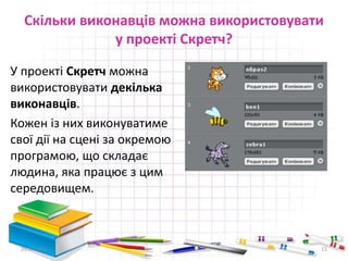 Скільки виконавців можна використовувати
у проекті Скретч?
У проекті Скретч можна
використовувати декілька
виконавців.
Кожен із них виконуватиме
свої дії на сцені за окремою
програмою, що складає
людина, яка працює з цим
середовищем.
29.04.2015 15
 