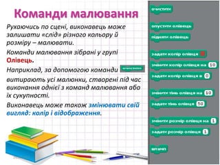Команди малювання
Рухаючись по сцені, виконавець може
залишати «слід» різного кольору й
розміру – малювати.
Команди малювання зібрані у групі
Олівець.
Наприклад, за допомогою команди
витирають усі малюнки, створені під час
виконання однієї з команд малювання або
їх сукупності.
Виконавець може також змінювати свій
вигляд: колір і відображення.
29.04.2015 7
 