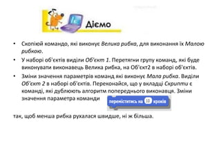 • Скопіюй командо, які виконує Велика рибка, для виконання їх Малою
рибкою.
• У наборі об'єктів виділи Об'єкт 1. Перетягни групу команд, які буде
виконувати виконавець Велика рибка, на Об'єкт2 в наборі об'єктів.
• Зміни значення параметрів команд які виконує Мала рибка. Виділи
Об'єкт 2 в наборі об'єктів. Переконайся, що у вкладці Скрипти є
команді, які дублюють алгоритм попереднього виконавця. Зміни
значення параметра команди
так, щоб менша рибка рухалася швидше, ні ж більша.
 